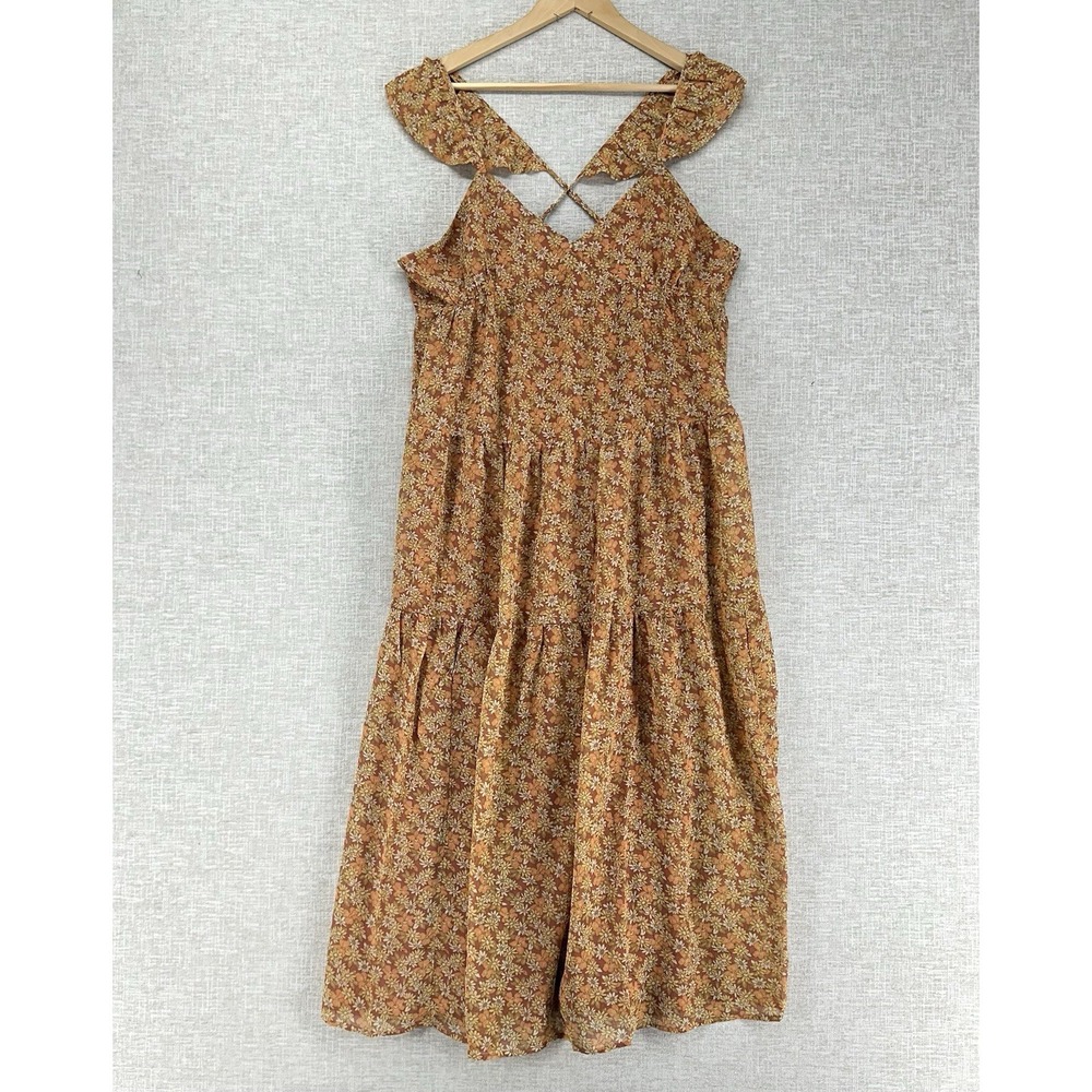 Madewell Dress Womens 14 Orange Floral Maxi Tiered Criss Cross Back Sleeveless